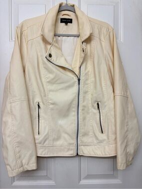 New Look Cream/Light Yellow Faux Leather Asymmetric Biker Jacket